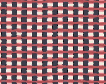 May include: A repeating pattern featuring a grid design. The grid is composed of alternating dark blue and off-white squares, intersected by horizontal and vertical red lines. The lines have a hand-drawn, brushstroke appearance.