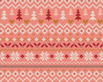 May include: A repeating pattern in shades of coral, red, white, and gold. The design features pixelated Christmas trees, hearts, snowflakes, and diamond shapes. The overall aesthetic is reminiscent of a knitted sweater.