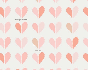 May include: A repeating pattern of pink and peach hearts on a cream background. The words "once upon a time..." and "true love." are written in black script. The hearts are split down the middle.