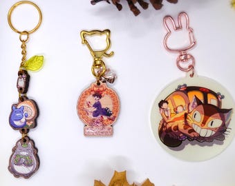 Totoro and Kiki's Delivery Service Charms: Nature-Themed Keychains, Walnut Wood & Glow Acrylic
