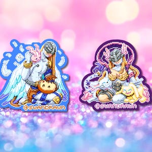 May include: Two pixel art stickers featuring anime-style characters. One is a blue sticker with a winged figure and a rabbit. The other is a purple sticker with a character and several animal companions. The text "@SWANDRAWN" is at the bottom of each sticker.