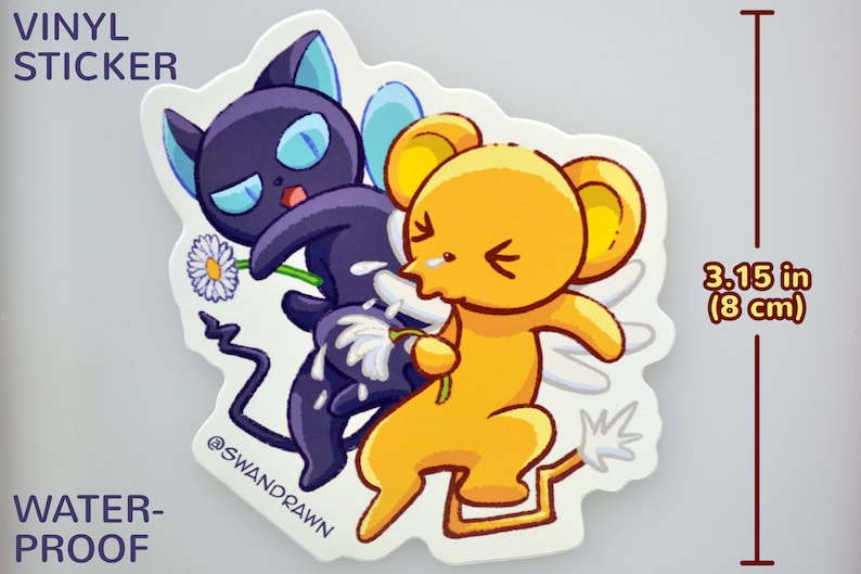 May include: A waterproof vinyl sticker featuring two cartoon characters. One is a dark purple cat-like creature holding a daisy, and the other is a yellow mouse-like character. The sticker is 3.15 inches (8 cm) tall and has the text "VINYL STICKER".