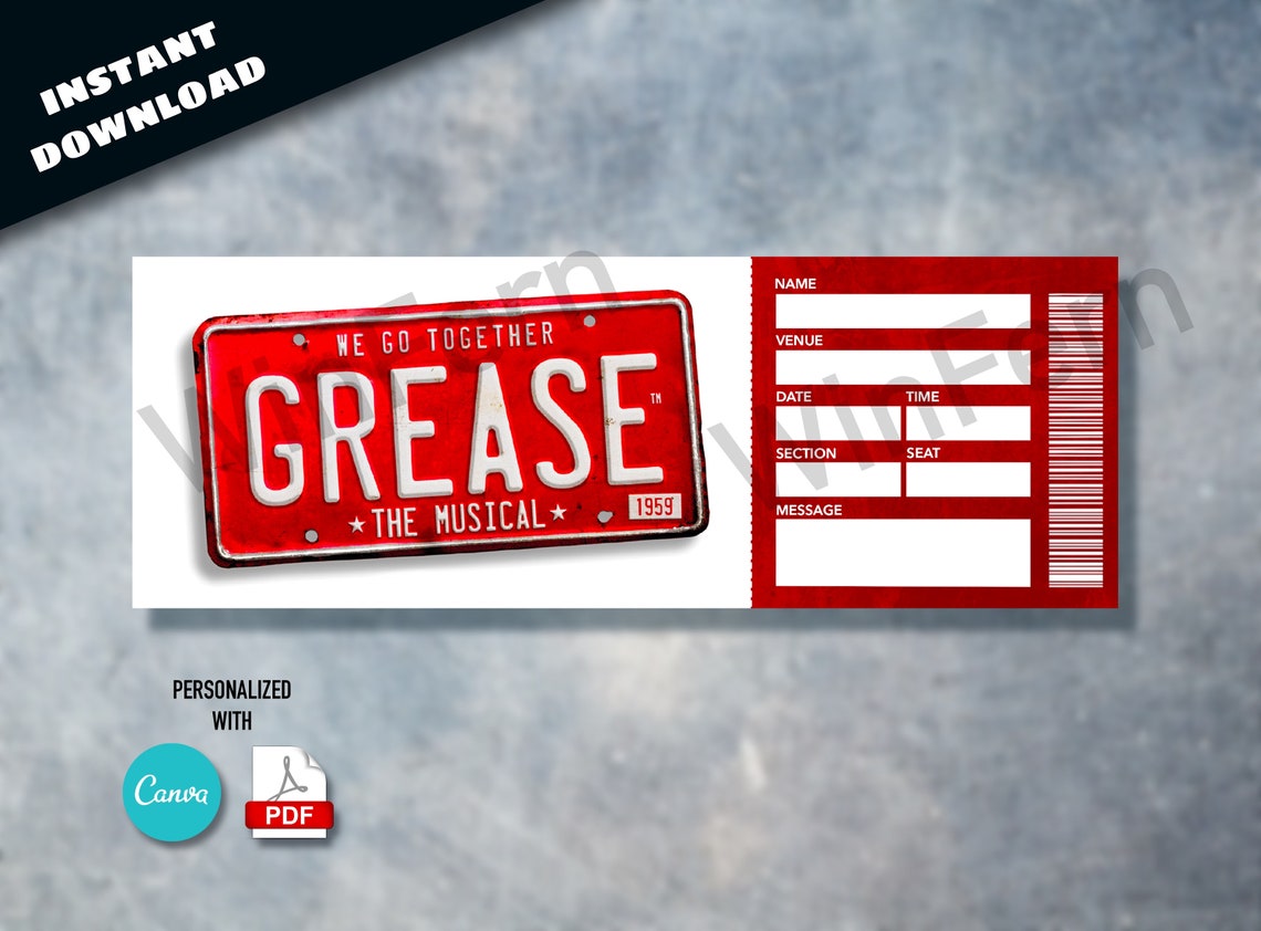 GREASE Musical Printable Ticket Surprise Ticket Gift Concert Etsy