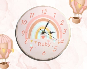 Hand painted personalised wooden wall clock, Boho rainbow, Hot air balloon, kids clock. nursery clock