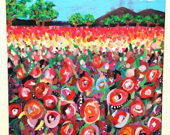 Pintura de campo de rosas: Arte original en lienzo acrílico, 16x20