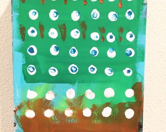 Pintura acrílica abstracta original: arte en lienzo de puntos verdes (8 x 10 pulgadas)