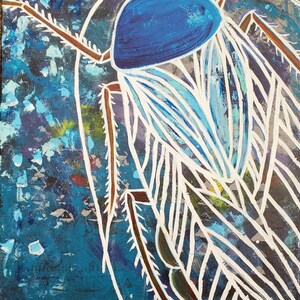 オリジナル 16x20 ゴキブリ アート - クールな色調の鮮やかなアクリル画 - ユニークな昆虫ウォール アート