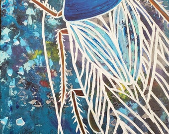 Arte original de cucarachas de 16 x 20 pulgadas: pintura acrílica vibrante en tonos fríos, arte mural único con insectos.