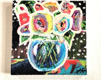 Pintura floral abstracta texturizada: arte mural floral con técnica mixta