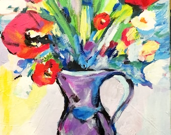 Naturaleza muerta floral abstracta: pintura acrílica original sobre lienzo