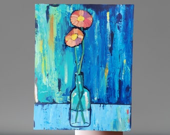 Pintura abstracta de naturaleza muerta floral: flores en jarrón, arte mural sin marco