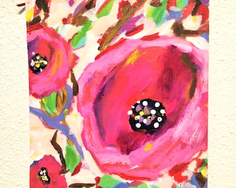 Pintura acrílica floral original: flores rosas sobre lienzo (20 x 25 cm)