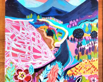 Pintura de paisaje colorido: Arte acrílico Happy Valley (40,6 x 50,8 cm)