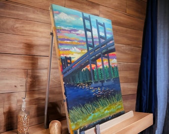 Pintura del puente de Tacoma Narrows: Paisaje al atardecer, arte acrílico del noroeste del Pacífico