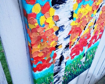 Pintura acrílica texturizada de abedul: lienzo con hojas de otoño