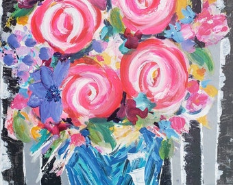 Pintura de naturaleza muerta floral: lienzo original de 16 x 20 pulgadas