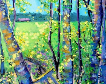 Pintura acrílica "En el bosque": Paisaje colorido (11 x 14)