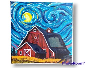 Pintura acrílica de noche estrellada en granero rojo: arte empastado al estilo Van Gogh