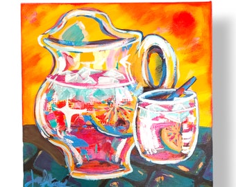 Pintura acrílica Pink Punch: ilustraciones vibrantes con bebidas y un sol radiante