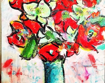Floral Abstract Painting: Acrylic Flowers in Vase on Canvas