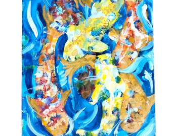 Pintura de pez koi: lienzo original de 16 x 20 pulgadas