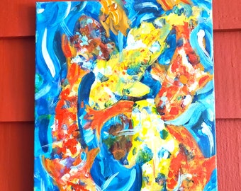 Pez koi vibrante n.º 2, pintura acrílica original sobre lienzo de 16 x 20