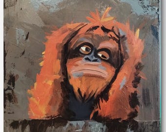 Pintura abstracta de orangután bebé: arte acrílico colorido sobre lienzo