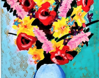 Original Acrylic Floral Painting | 16x20 Canvas | Colorful Bouquet Blue Vase