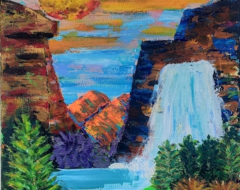 Pintura de cascada acrílica texturizada: arte paisajístico occidental