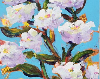 Pintura acrílica floral original: flores blancas sobre lienzo azul cielo (16 x 20)