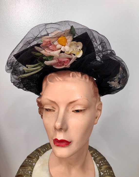 VTG 1940s New York Creation Tulle HALO Hat W/pink ROSES - Etsy display picture 2