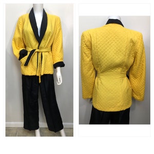 Vtg 1940s Ylw & Blck Quilted RAYON LOUNGE Set