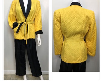 Vtg 1940s Ylw & Blck Quilted RAYON LOUNGE Set