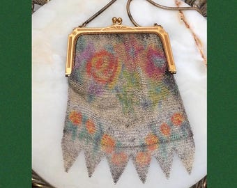 Antique 1920s Whiting Davis Watercolor ROSES Dresden Mesh Bag