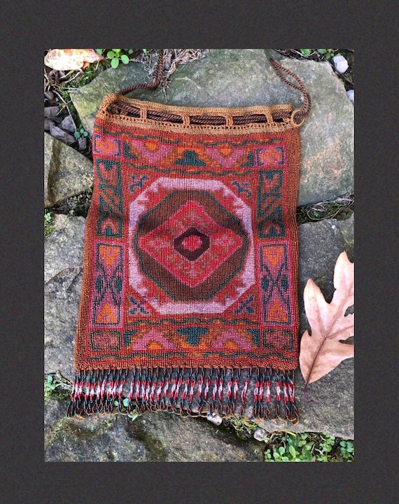 Antique 1920 MICRO BEADED Persian Rug Design FLAPPER Purse