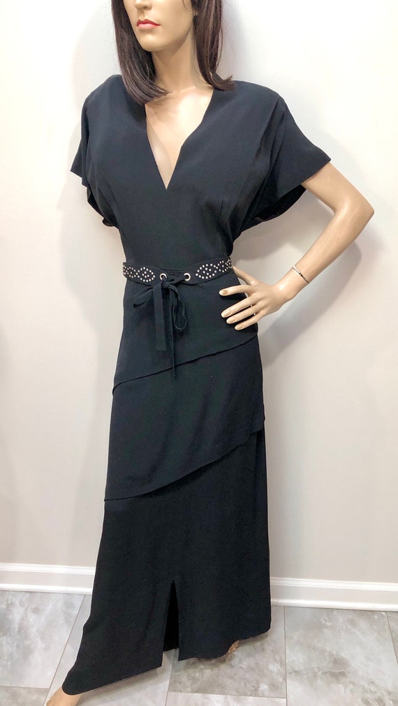 VTG 1940s Black Rayon Crepe GOWN w/Rhnstn STUDDED… - image 2