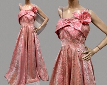 Vtg 1940s Mid-Century ROSES Pink-Silver Metallic Brocade BALLGOWN