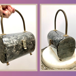 Vtg 1950s Gray PEARL Lucite Barrel-Box Purse