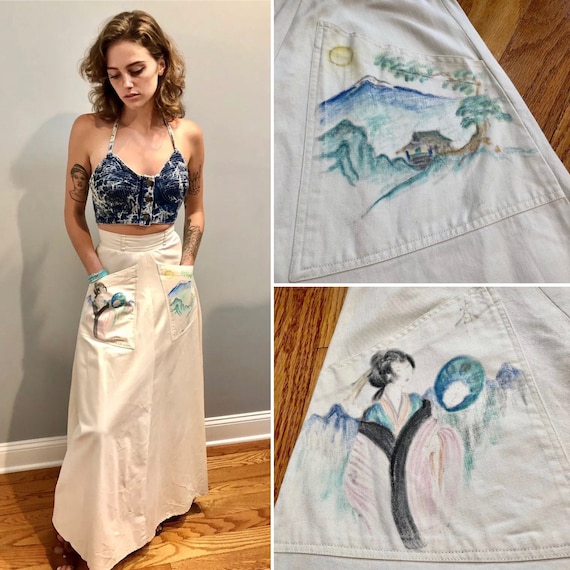 Vtg 70s Hippie Hnd-Ptd GEISHA GIRL & JAPANESE Scen
