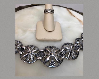 VTG 1940s Silver FLOWER MEDALLION Link Bracelet & Ring