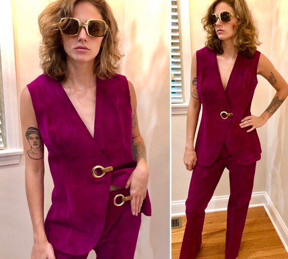 Vtg 1960’s Mod PURPLE SUEDE Pant Suit w/Gold Gromm