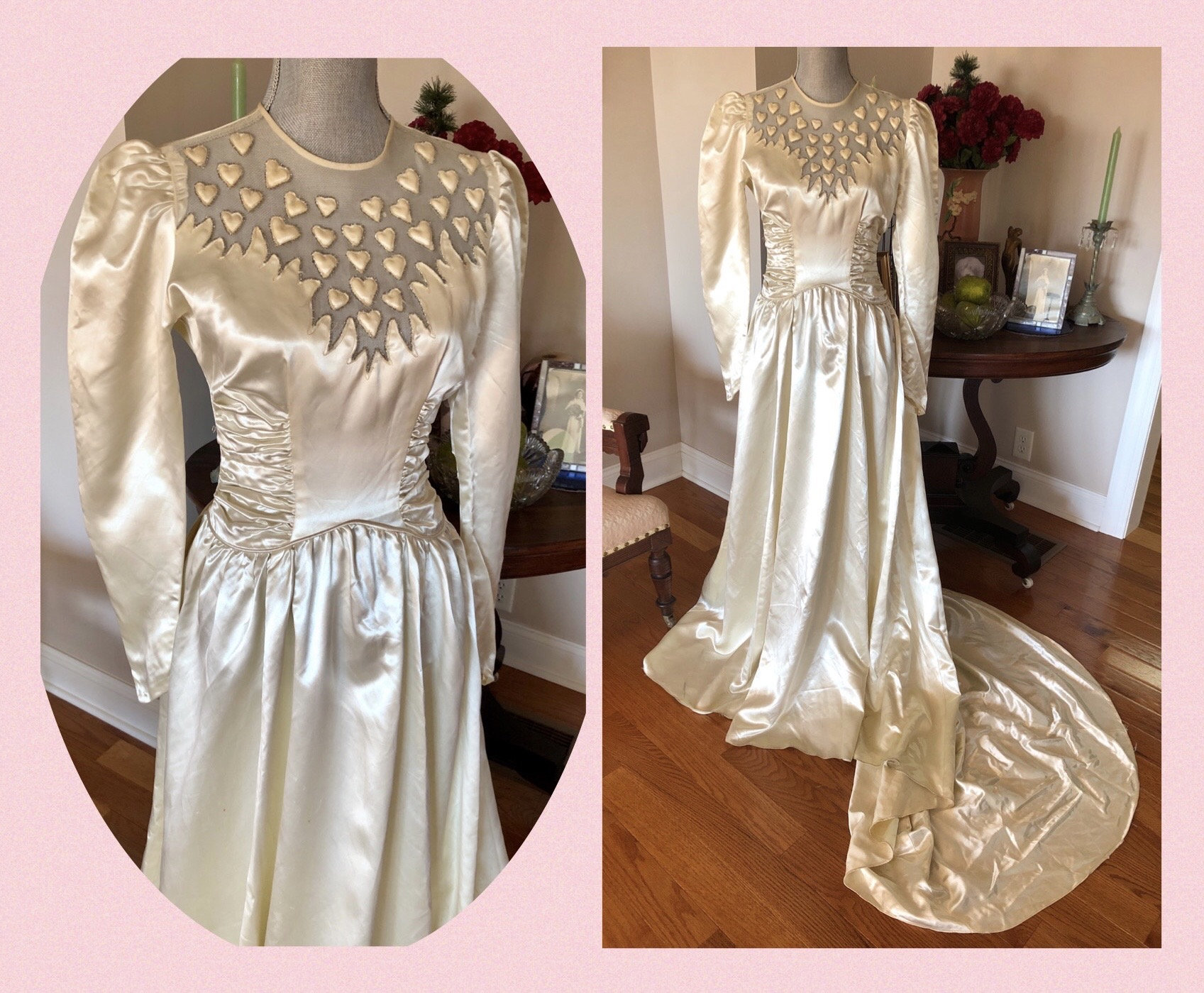 VTG 1940s Moonlight Satin WEDDING GOWN w/Appliqué Hearts