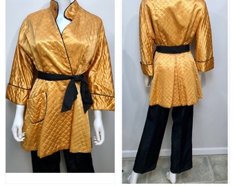 Vtg 1940s Gold Satin Princess-Cut Hostess Jacket