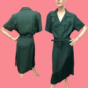 VTG 1940s Zipper-Front LAND GIRL Military Green Gabardine Dress