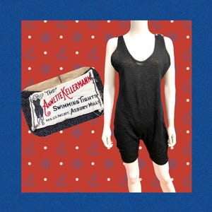 May include: A black one-piece swimsuit with a scoop neckline and short legs. Beside it is a rectangular fabric label reading: The Annette Kellermann Swimming Tights, Reg. U.S. Pat. Off., Asbury Mills, featuring an illustration of a person in a swimsuit.