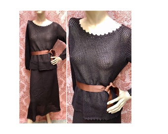 Vtg 1970s does 1930s brown CROCHET & KNIT Skirt SUIT