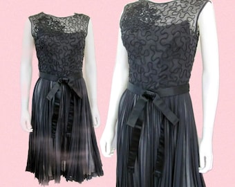 Vtg 1950s CARLYE Soutache & Crystal Pleat COCKTAIL Dress