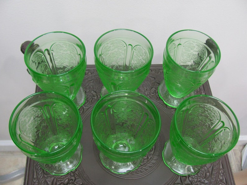 Set 6 GREEN Depression Glass CHERRY BLOSSOM Round Footed 4 | Etsy