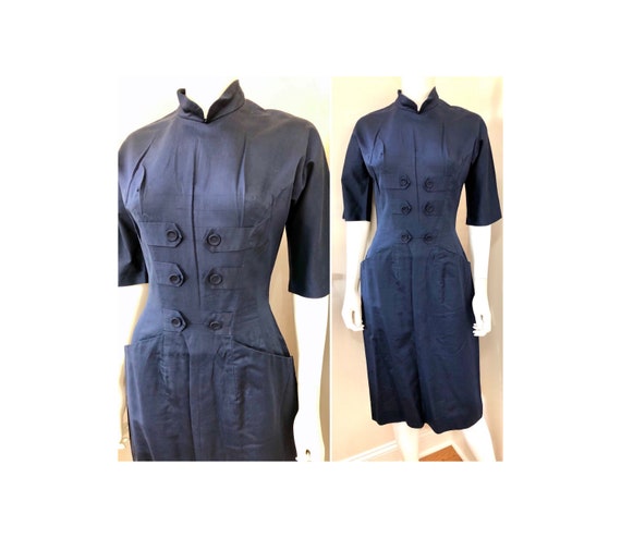 VTG 1950s Sizzln’ Secretary Navy Rayon Hour-Glass… - image 1