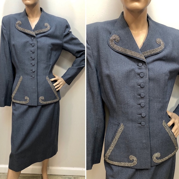 VTG 1940s FRED BLOCK Blue Gab Suit w/Cut-Steel Beading